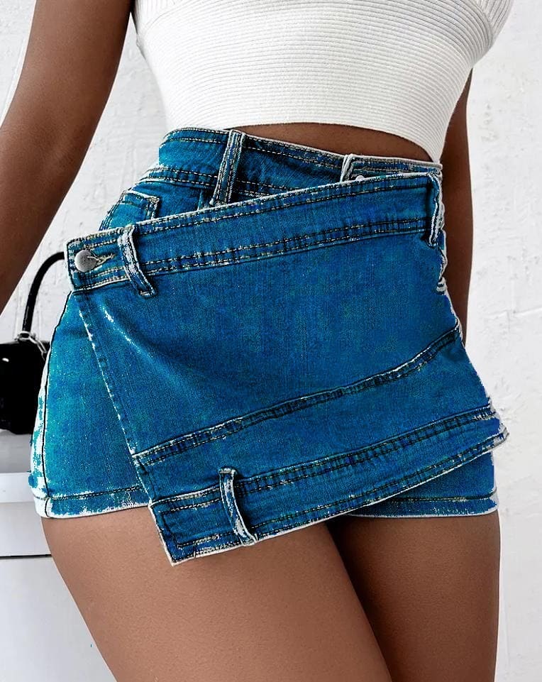 Street Vintage Denim Shorts Stretch Overlap Waist Wrap Solid Asymmetrical Hem A-Line Skinny Mini Skorts Skirt - PMMNAPOLES