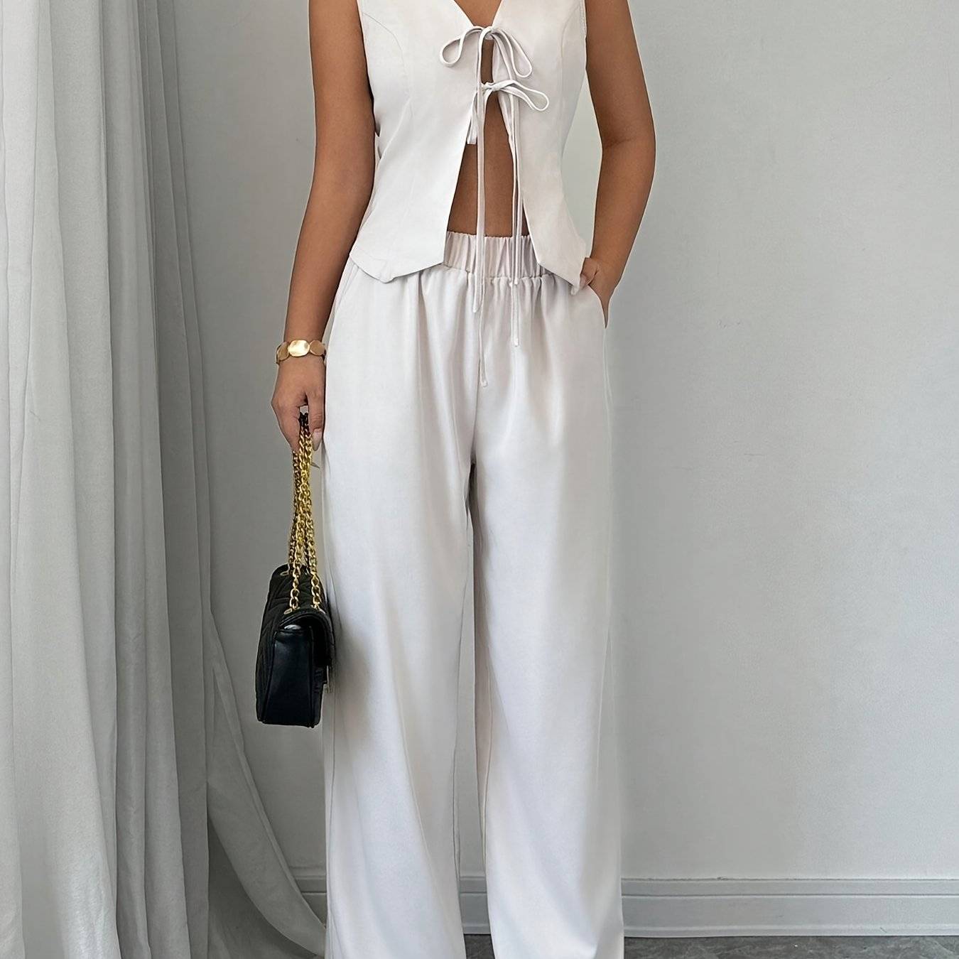 Women’s Elegant Sleeveless Blazer & Wide-Leg Pantsuit, Chic Solid Color Polyester Outfit for Summer Office Wear & Semi-Formal Style