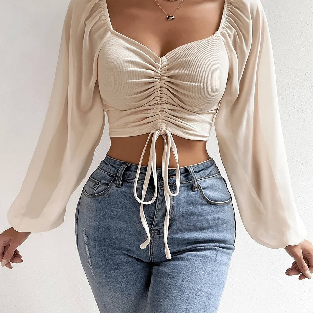 Women’s Off-Shoulder Crop Top – Lantern Sleeves & Drawstring, Solid Color Summer Blouse