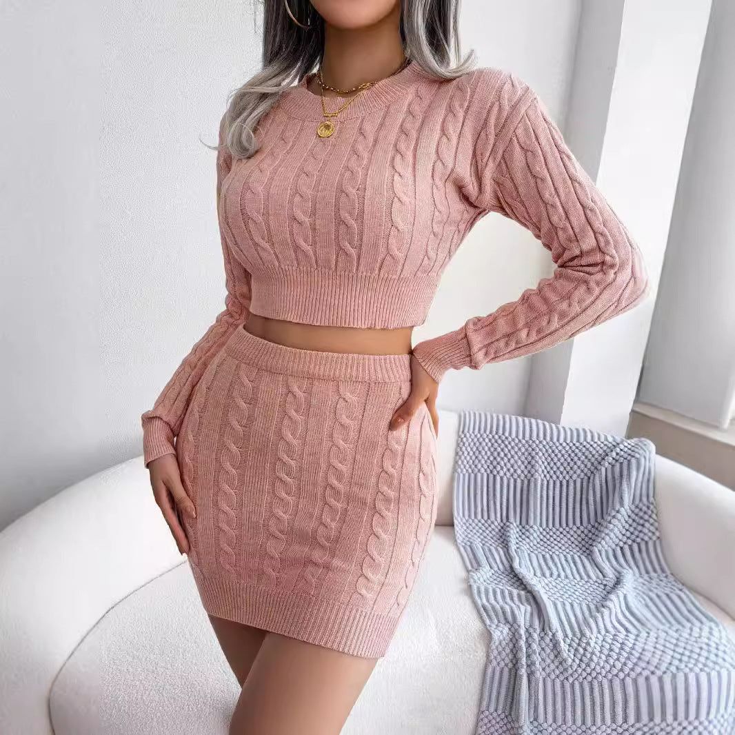 Women’s Knit Two-Piece Set Twisted Crop Sweater and Bodycon Skirt Casual Matching Outfit