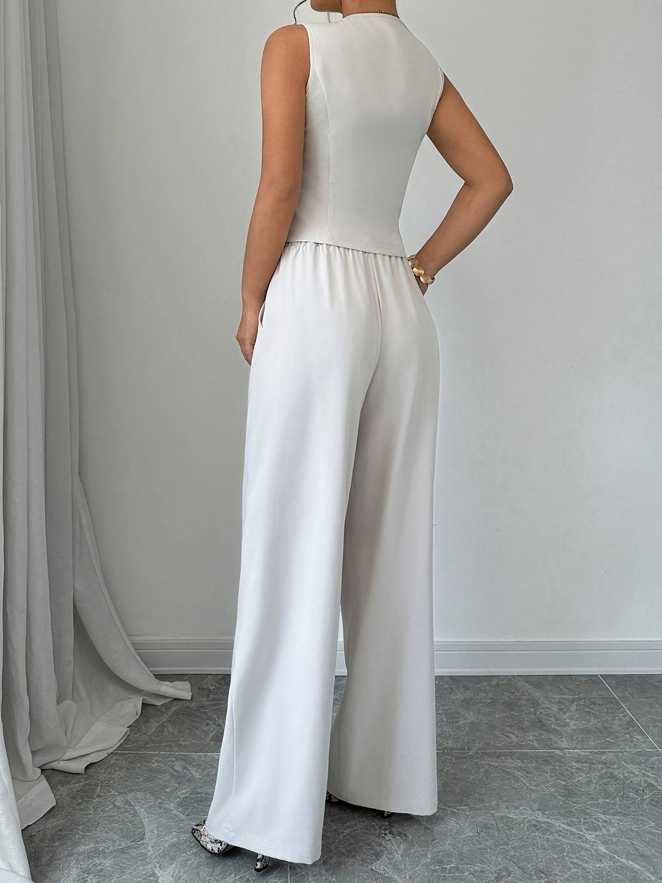 Women’s Elegant Sleeveless Blazer & Wide-Leg Pantsuit, Chic Solid Color Polyester Outfit for Summer Office Wear & Semi-Formal Style