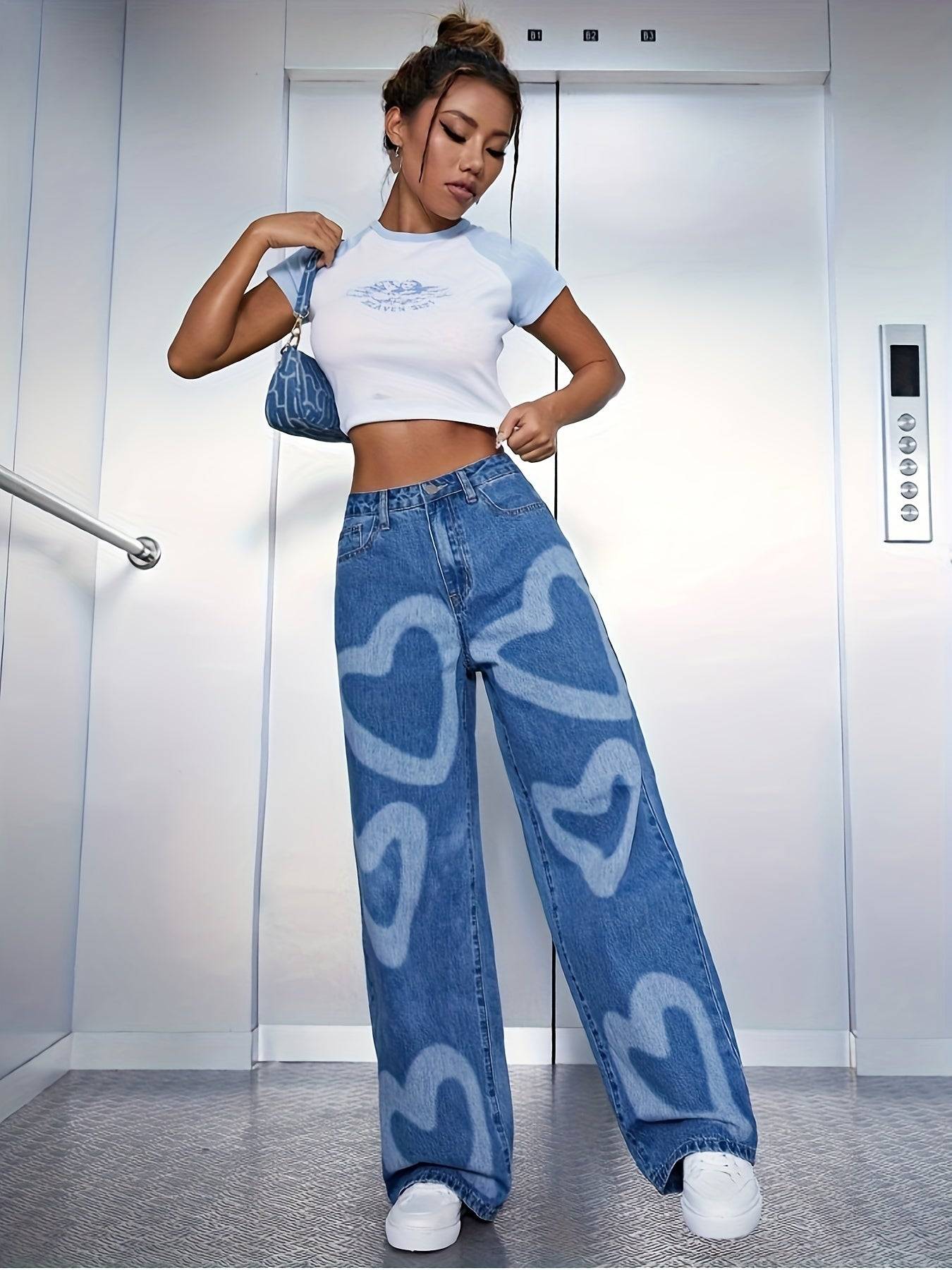 Women’s High-Waisted Wide-Leg Jeans Light Blue Denim with Heart Print Casual Loose Fit