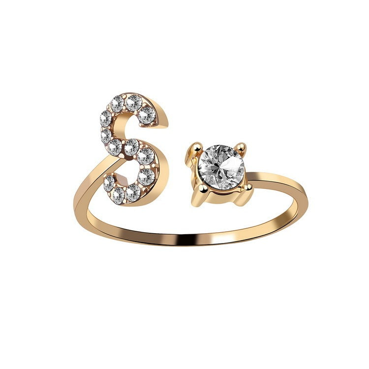 Anillo de letra ajustable con circonitas y diseño inicial de 26 para mujer