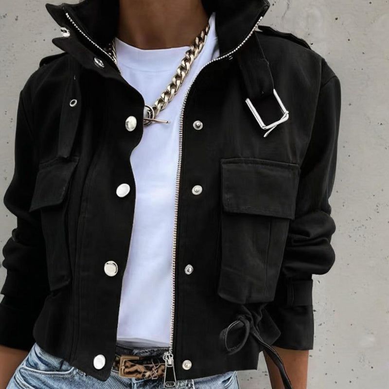 Womens Stand Collar Jacket With Dual Closure And Pockets