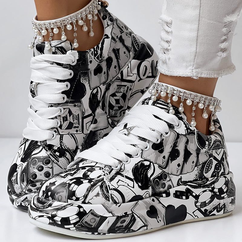 Geometric Print Sneakers With Lace Up Low Top Design