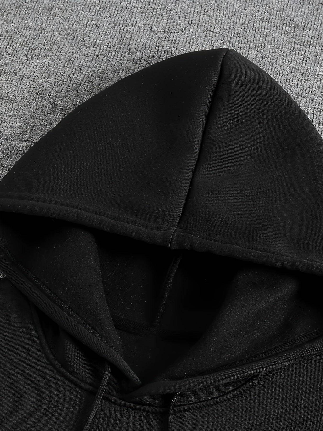 Men's Black Hoodie with "Sharp Look" Graphic, 250g Polyester Pullover with Geometric Pattern, Casual Long Sleeve Sweatshirt for Outdoor Sports