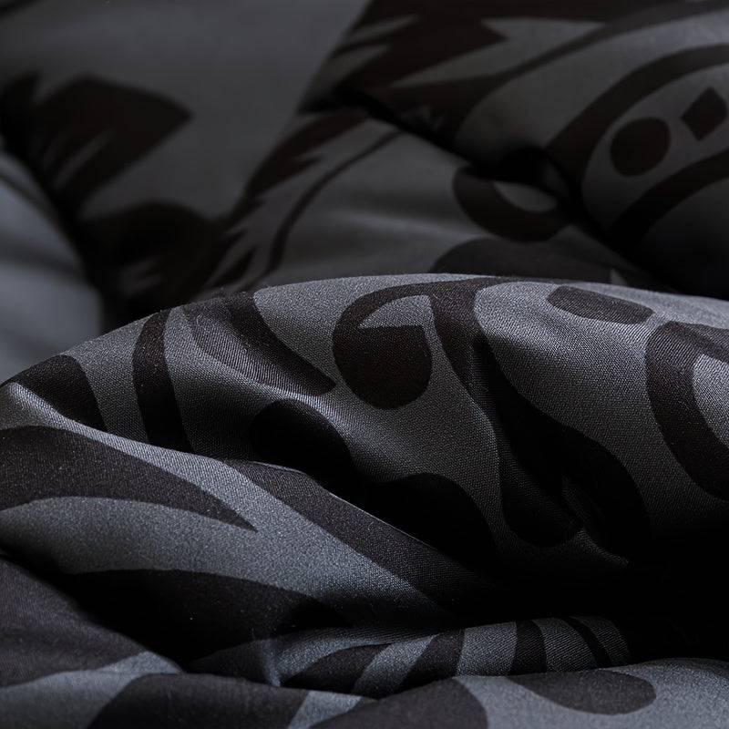 Gothic Skull Quilt Set 3-Piece – Black & Gray Baroque Comforter with Pillowcases, 180gsm Padded