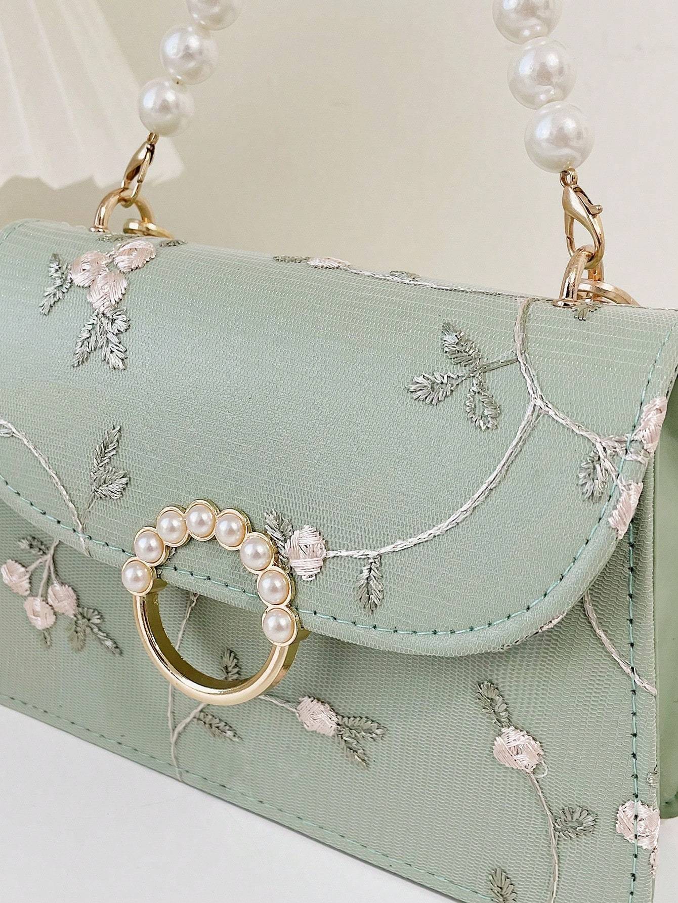Women’s Small Square Bag with Pearl Handle Embroidered Design and Lace Chain Crossbody Strap
