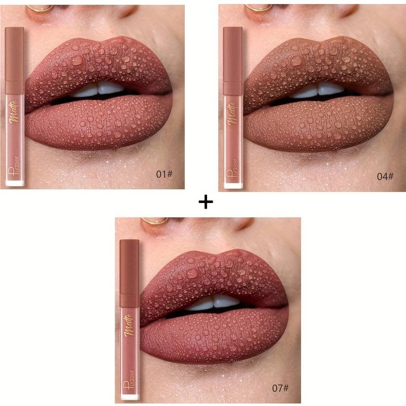 3-Pack Lip Glaze Set Long-Lasting Velvet Matte Finish Waterproof Smudge-Proof Lightweight Lip Stain for Daily Makeup