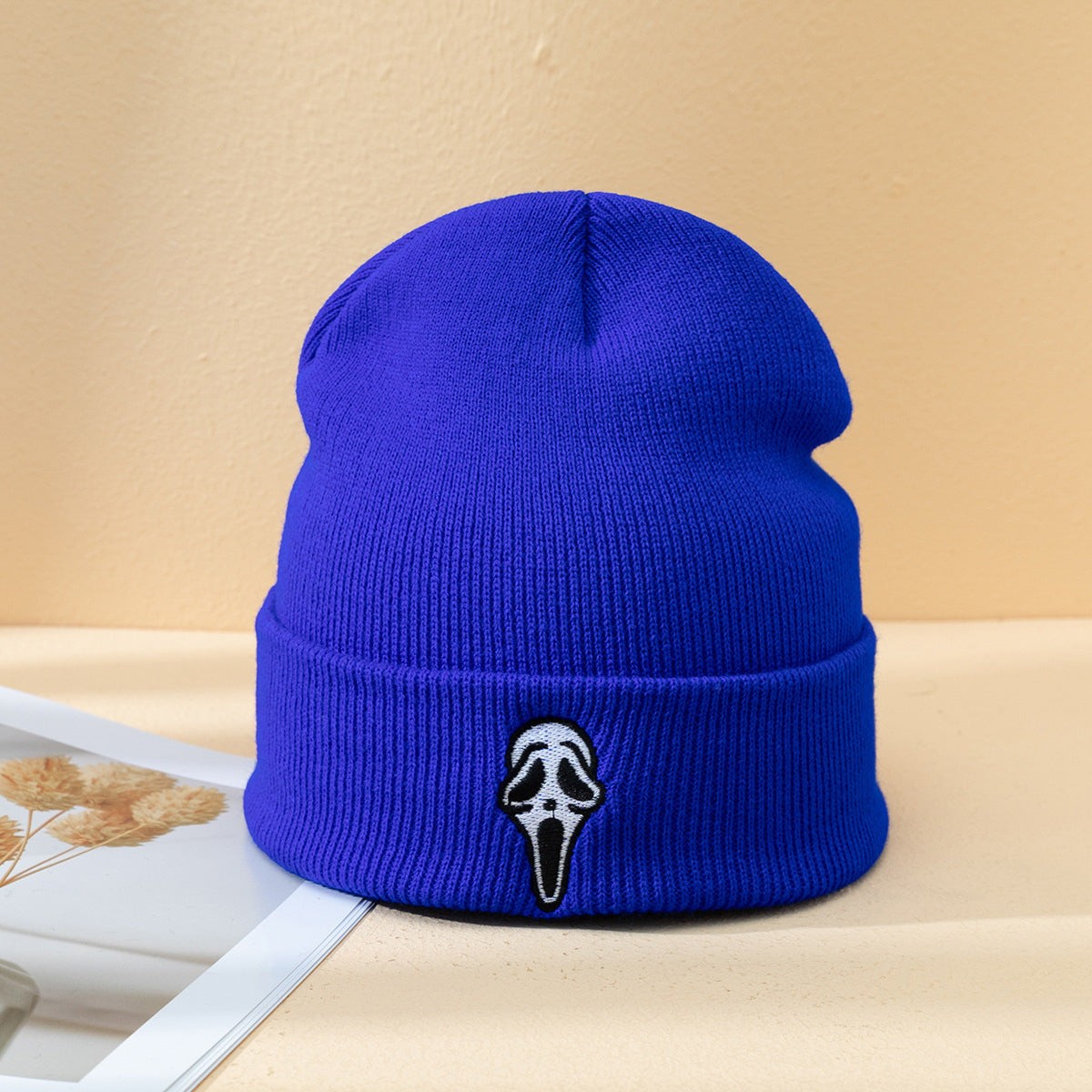 Unisex Knitted Skull Hat Ghost Face Embroidered Acrylic Beanie Autumn Winter Street Style