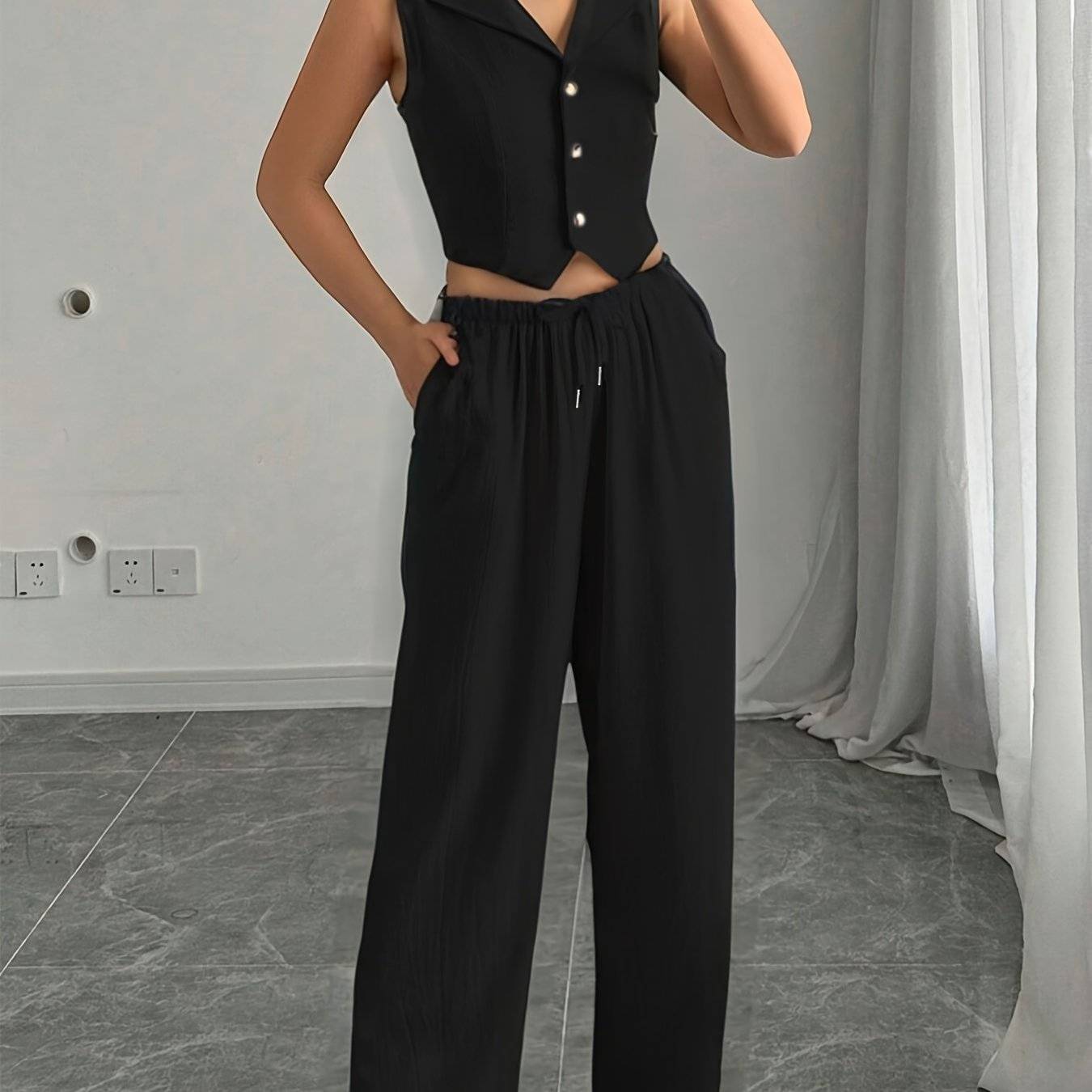 Women’s Two-Piece Set – Sleeveless Blazer Collar Top & Casual Pants for Work, Outings & Holidays