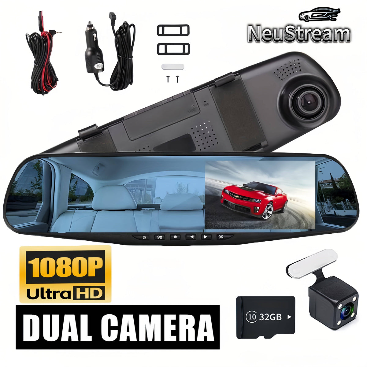 4.3" HD Rearview Mirror Dash Cam 1080P Front & Rear Cameras with Wide-Angle Night Vision Full Touch Screen, 32GB Card & Easy Installation for All Vehicles
