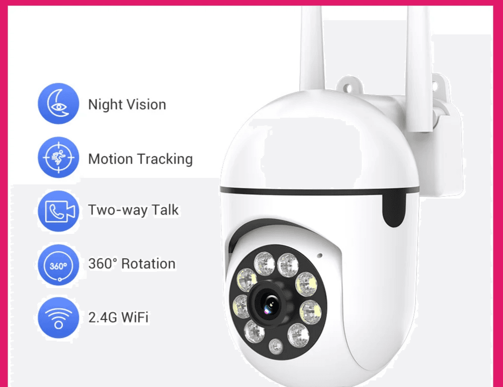 Close-up of WiFi Security Camera 1080P HD with features like night vision, motion tracking, 2-way talk, 360° rotation, and 2.4G WiFi connectivity.
