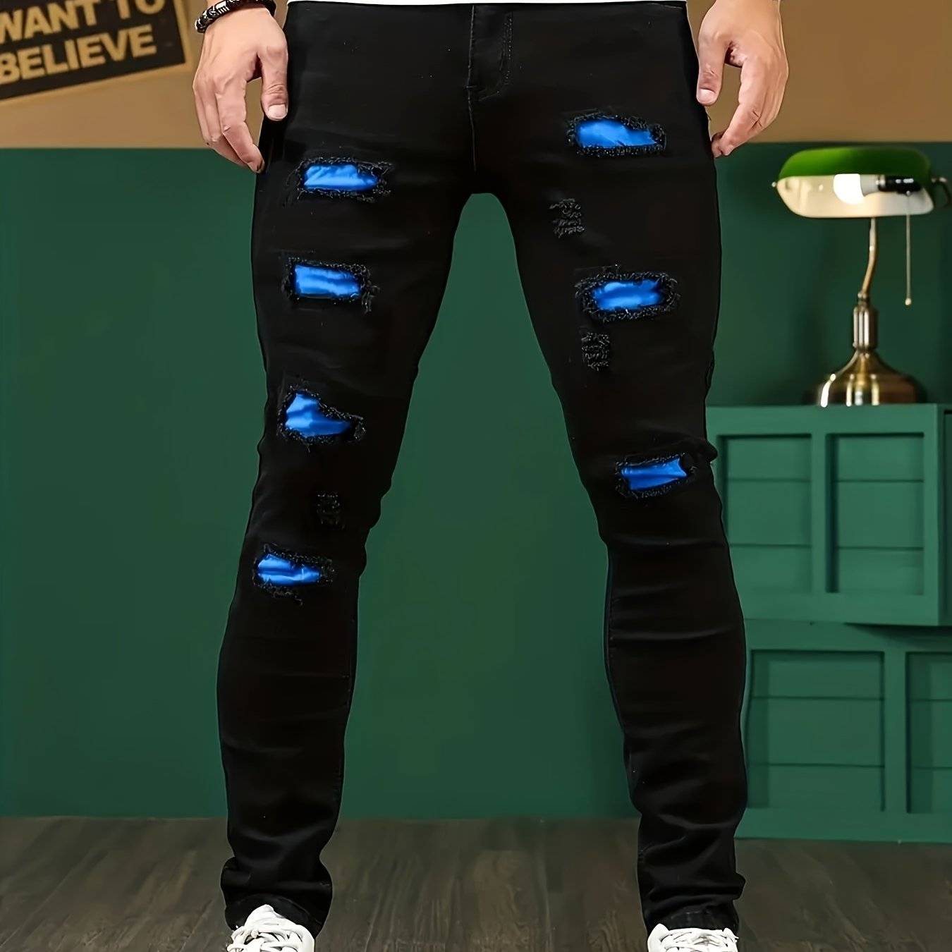 Men’s Slim Fit Stretch Denim Pants Black & Blue Water-Washed Distressed Design All-Season Casual Wear