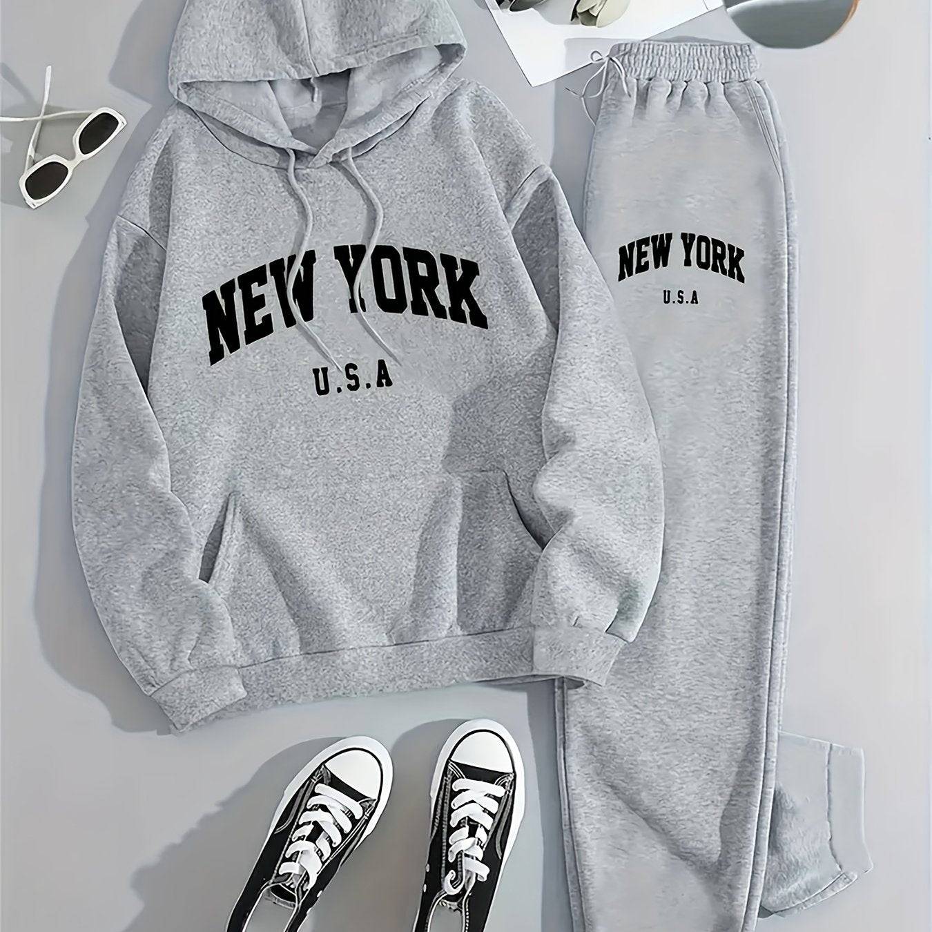 Women's New York USA Hooded Sweatshirt, 250g Polyester Hoodie with Geometric Pattern, Casual Long Sleeve Sportswear for Workouts and Daily Wear