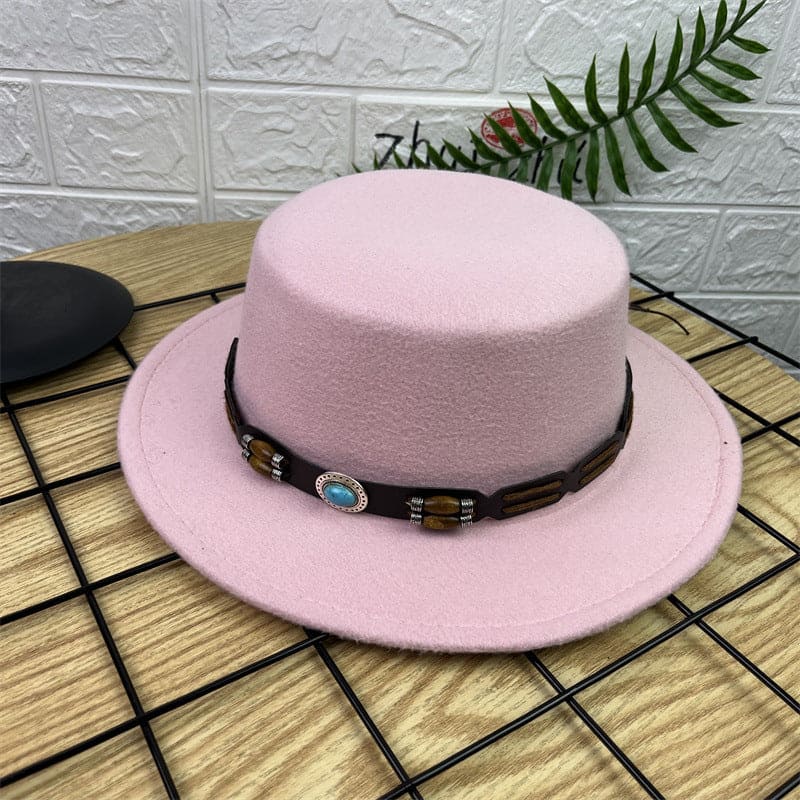 British Retro Woolen Wide Brim Flat Top Hat - PMMNAPOLES