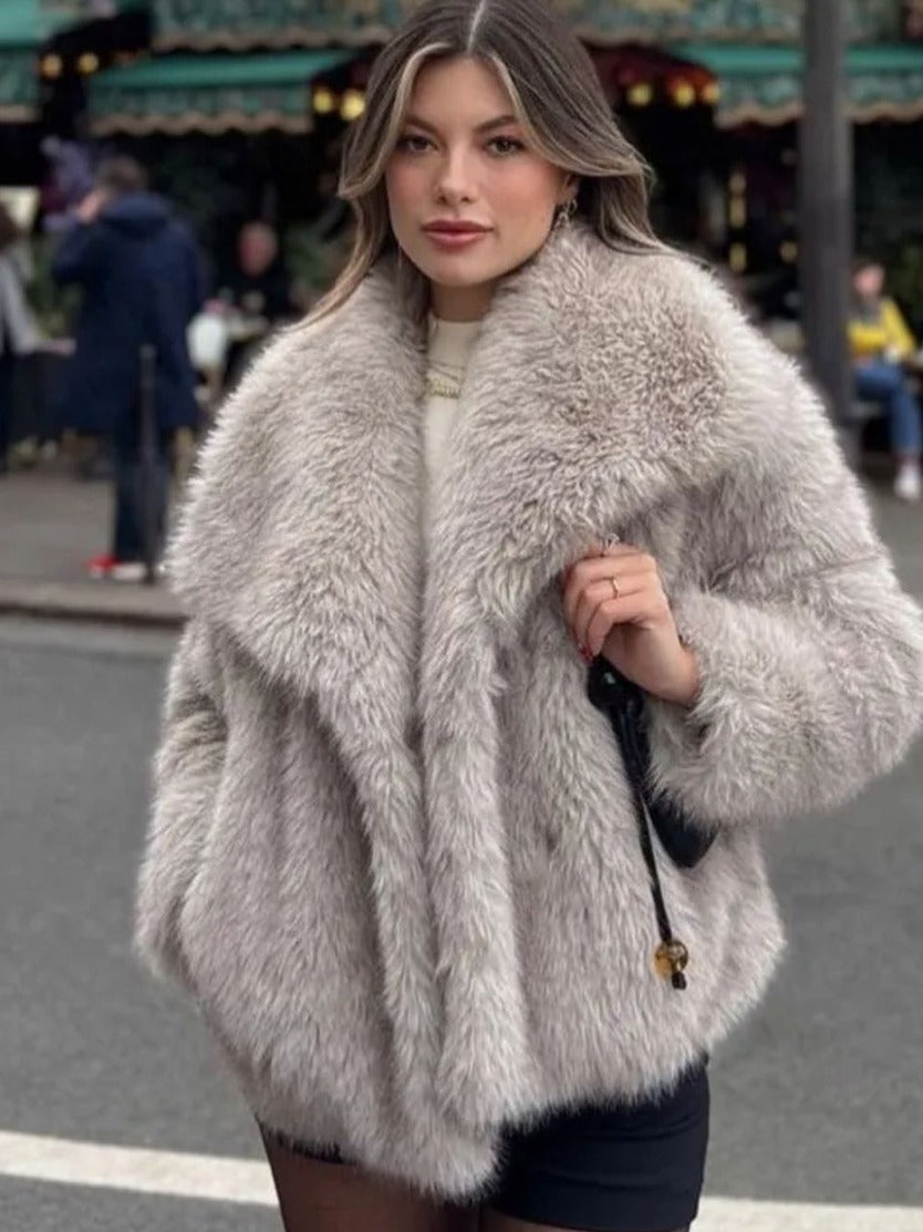 Women’s Winter Plush Coat Warm Thick Fluffy Lapel Jacket Long Sleeve Casual Outerwear