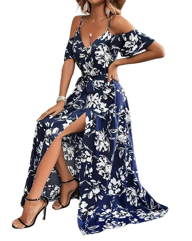 Floral Maxi Dress Cold Shoulder With Belt And Side Split