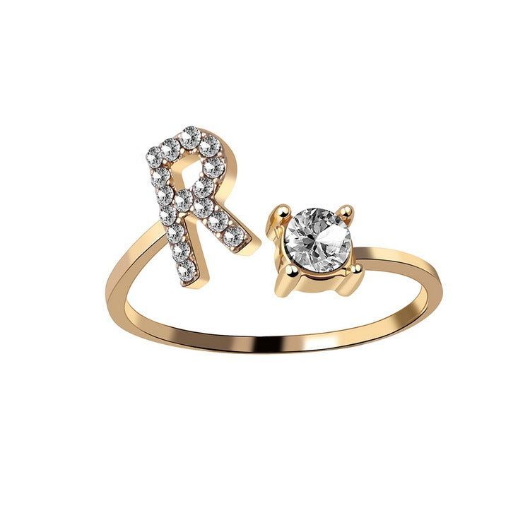 Adjustable Letter Ring with Zircon 26 Initial Design Women