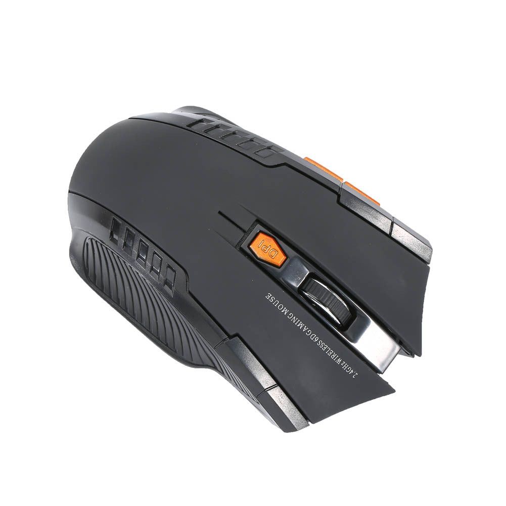 Black 2.4G wireless gaming mouse with ergonomic design and orange DPI switch, suitable for electronics and computer input devices.
