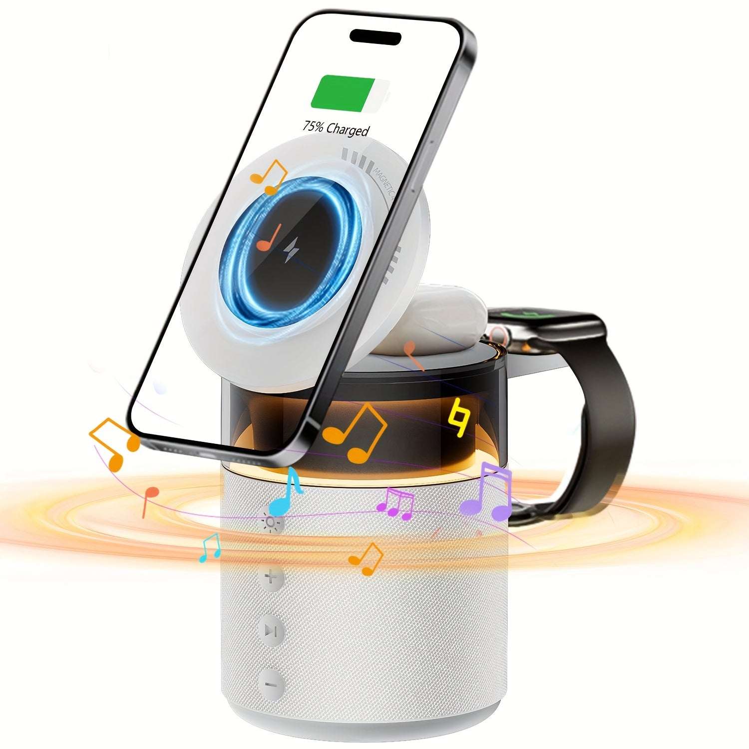 7-in-1 Wireless Charging Station with Night Light, Dual Phone Dock, Fast Charger for iPhone, AirPods & iWatch, 30W Adapter, USB-C & USB-A Outputs