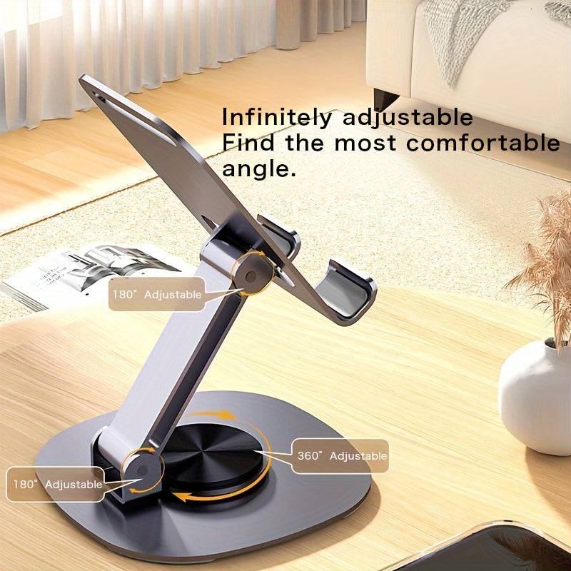 Metal desktop phone stand with 360° rotating base, foldable design, silicone pads, and mechanical click