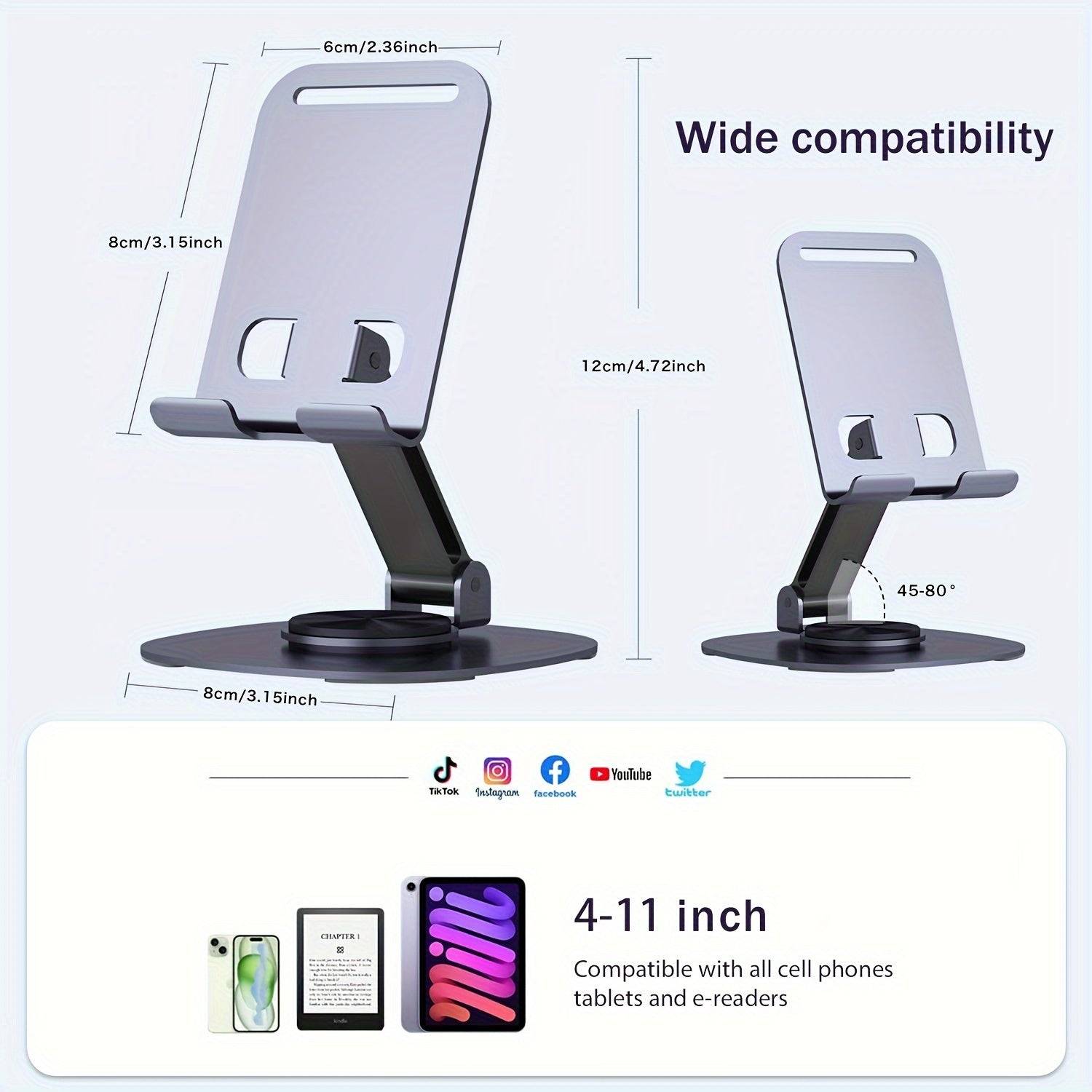Metal desktop phone stand with 360° rotating base, foldable design, silicone pads, and mechanical click