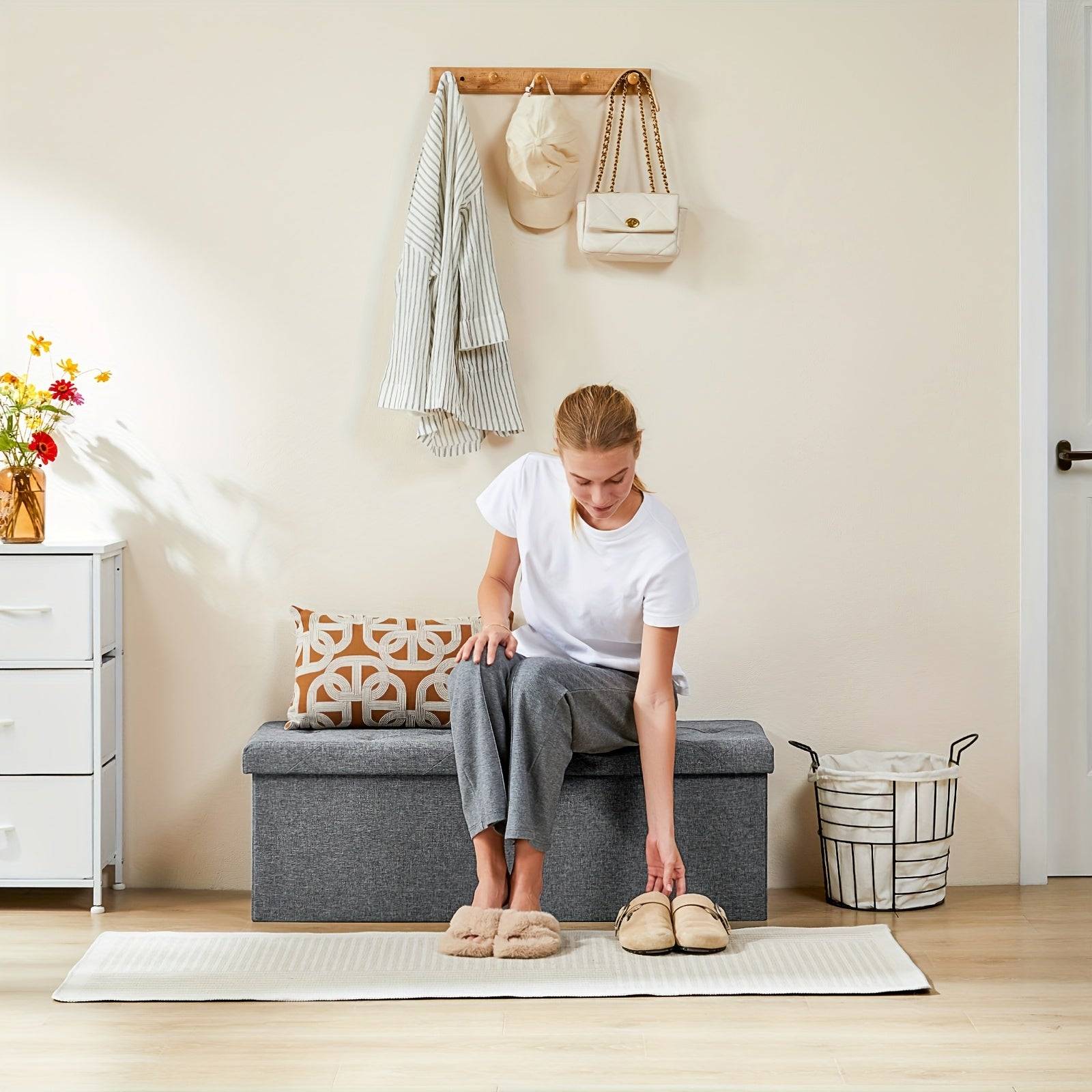 Folding Storage Ottoman Bench with Padded Seat, Multifunctional Storage Chest and End-of-Bed Stool for Bedroom or Living Room