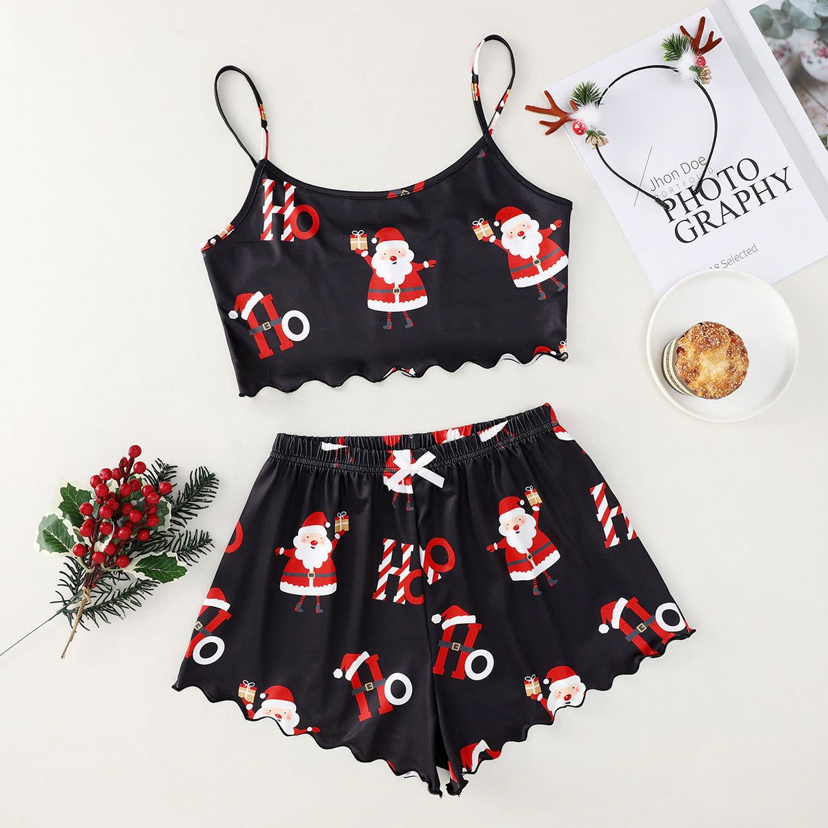 Pajama Set Christmas Women Sleeveless Top and Shorts