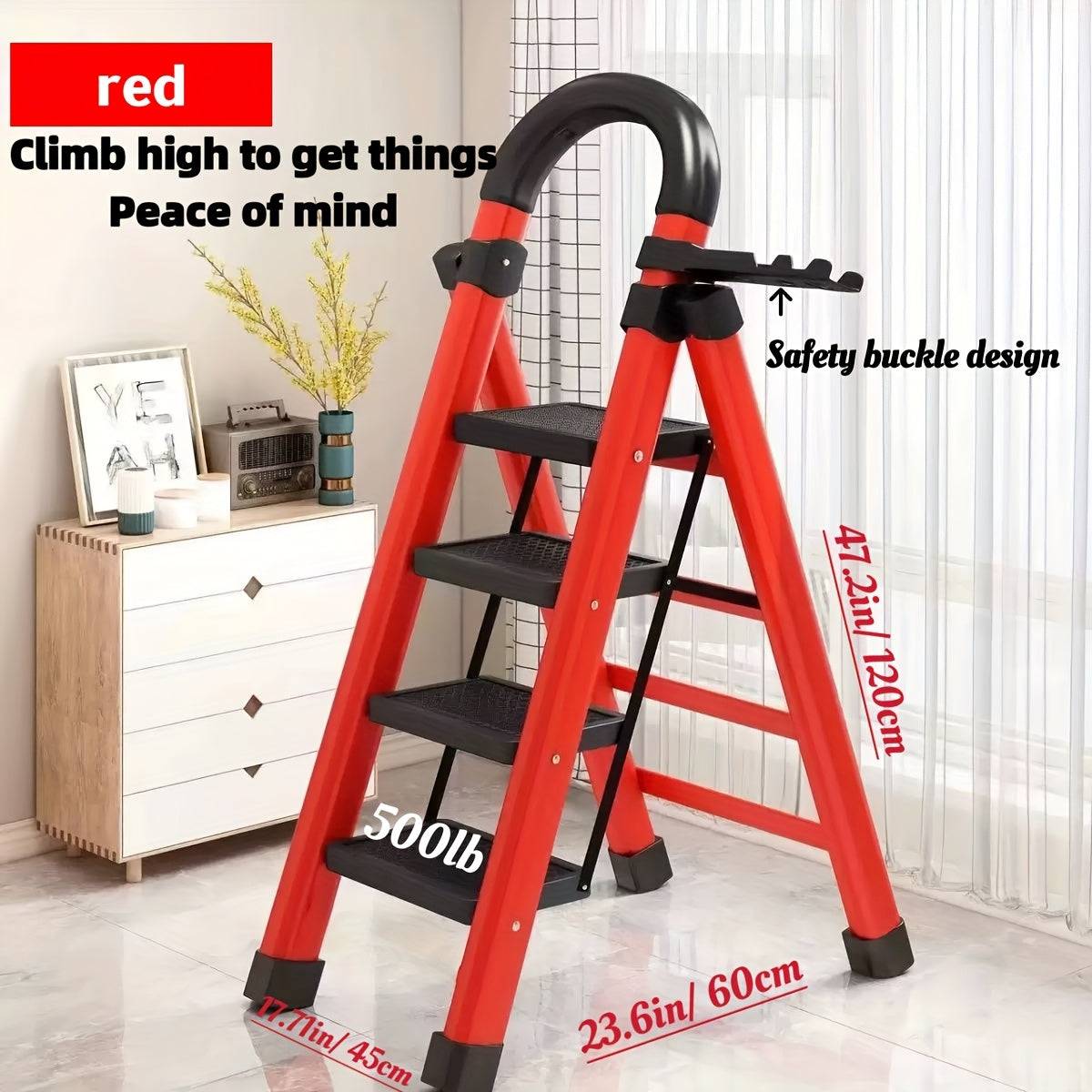 Heavy-Duty Folding Ladder 500 lbs Capacity, Steel Step Stool with Anti-Slip Pedals, Safety Buckle and Non-Slip Foot Pads for Home Use
