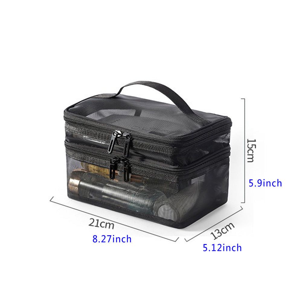2pcs Travel Toiletry Bags Double Layer Mesh Yarn Portable Large Capacity Cosmetic Storage Organizer Black and Grey