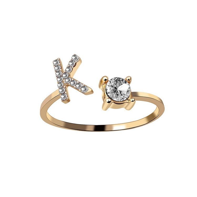 Adjustable Letter Ring with Zircon 26 Initial Design Women