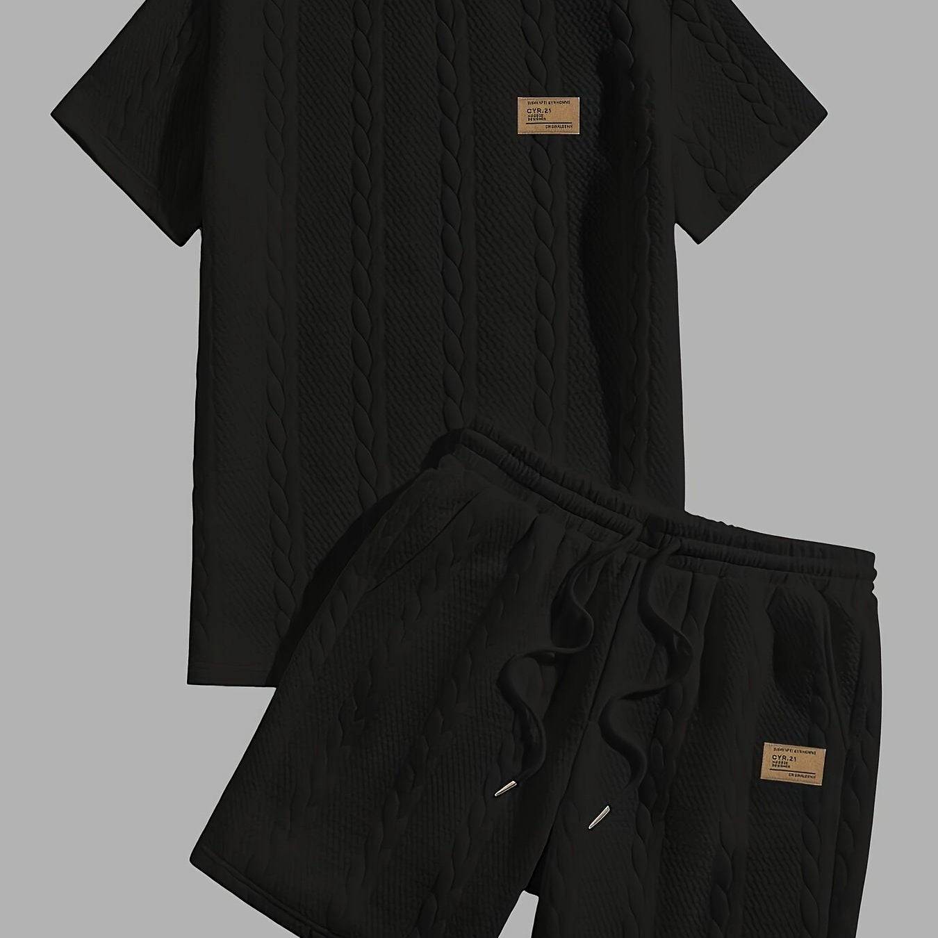 Men's Summer Two-Piece Set, Heavyweight Polyester T-Shirt with Round Neck and Printed Drawstring Shorts, Casual Outfit with Pockets