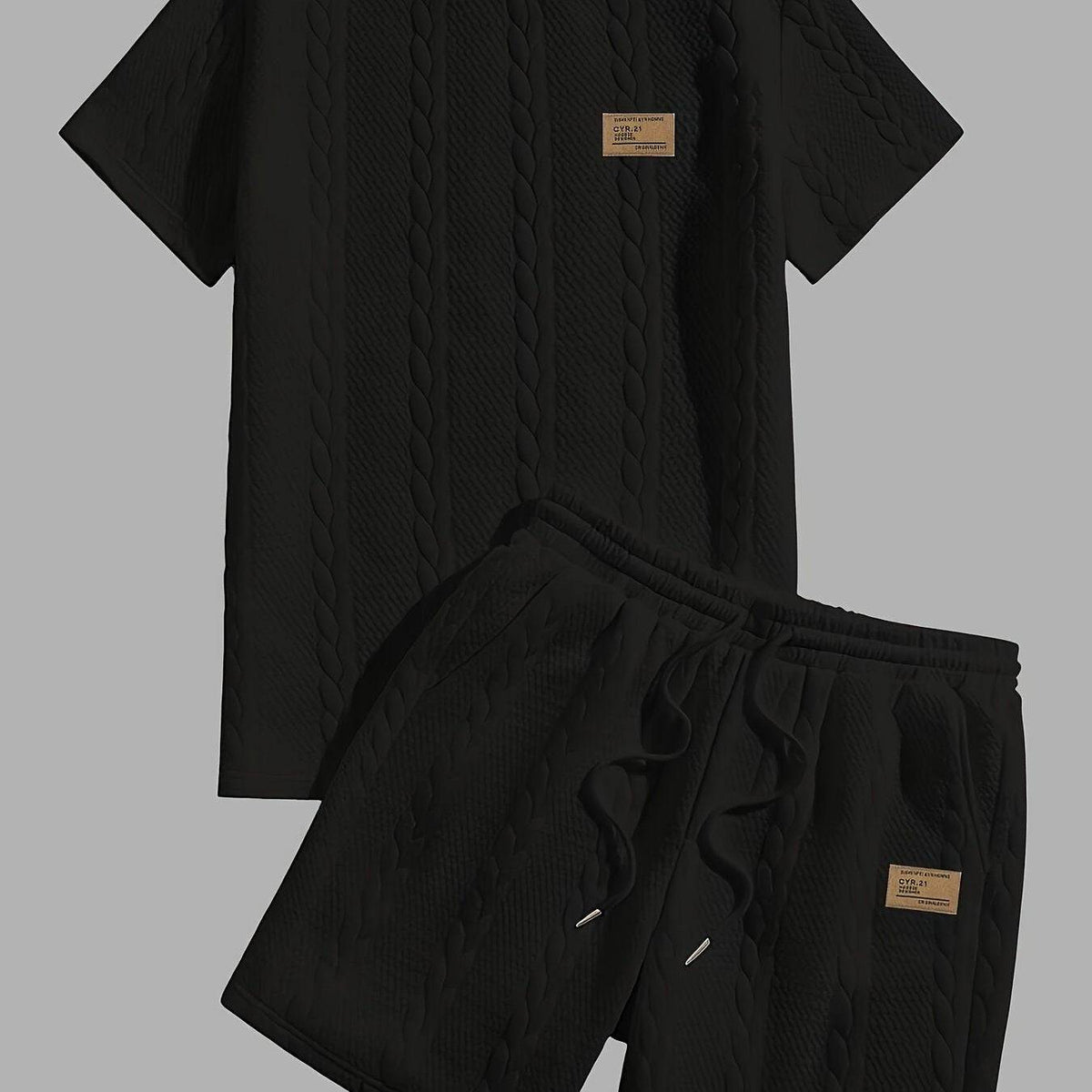 Men's Summer Two-Piece Set, Heavyweight Polyester T-Shirt with Round Neck and Printed Drawstring Shorts, Casual Outfit with Pockets