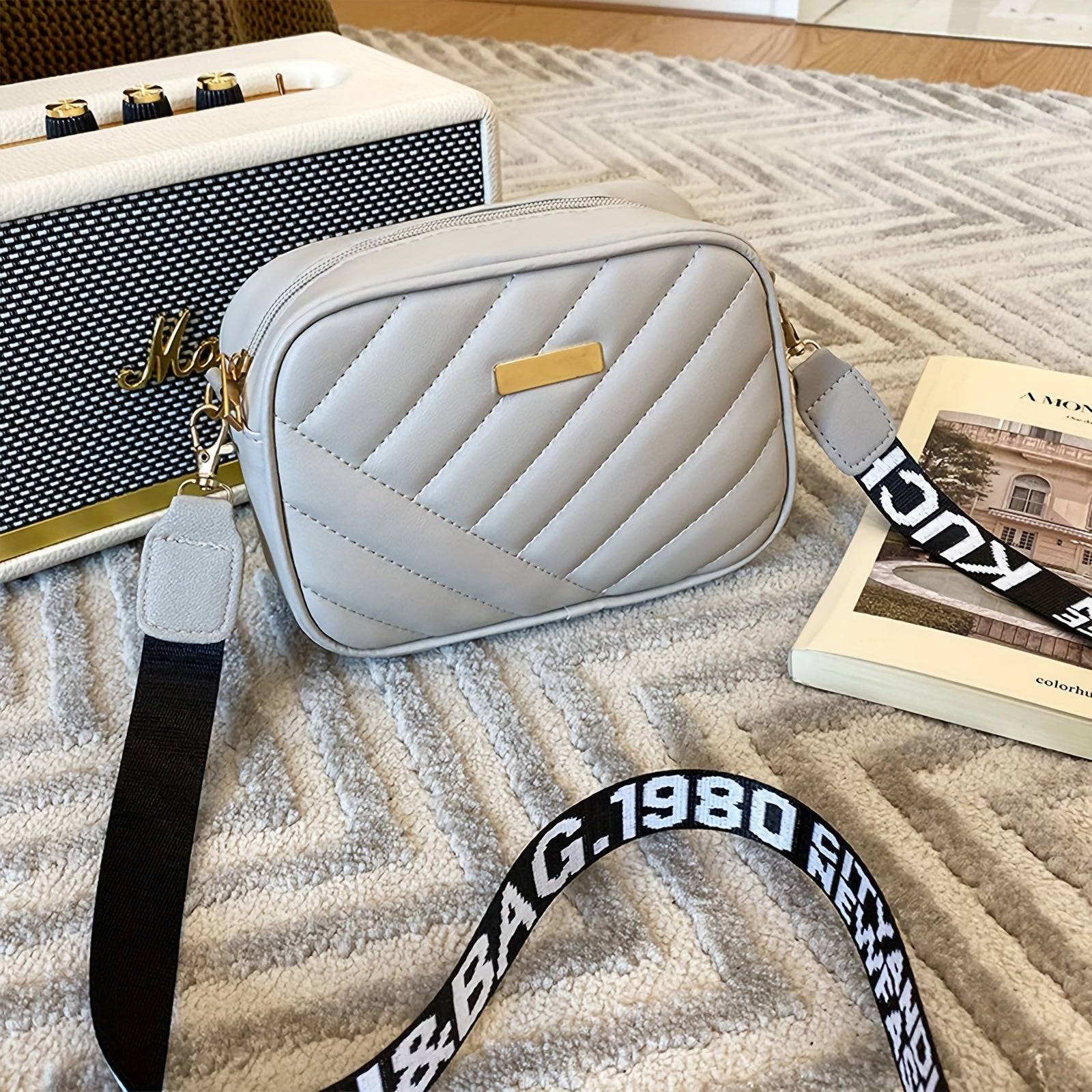 Women’s Quilted Crossbody Bag, Compact Shoulder Purse with Adjustable Strap, Black & White with Gold Plaque