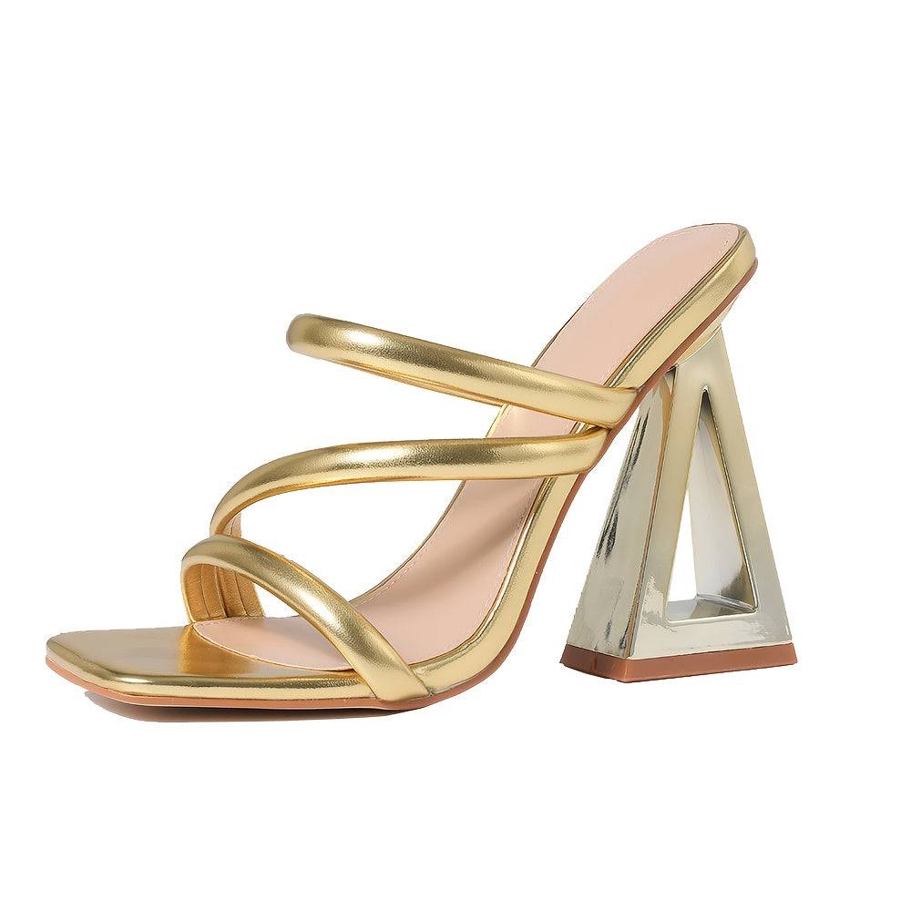 Women’s Strappy Block Heel Mules – Open Toe Triangle-Cut Slip-On Sandals in Gold PU – Stylish High Heels for Parties, Weddings & Night Out