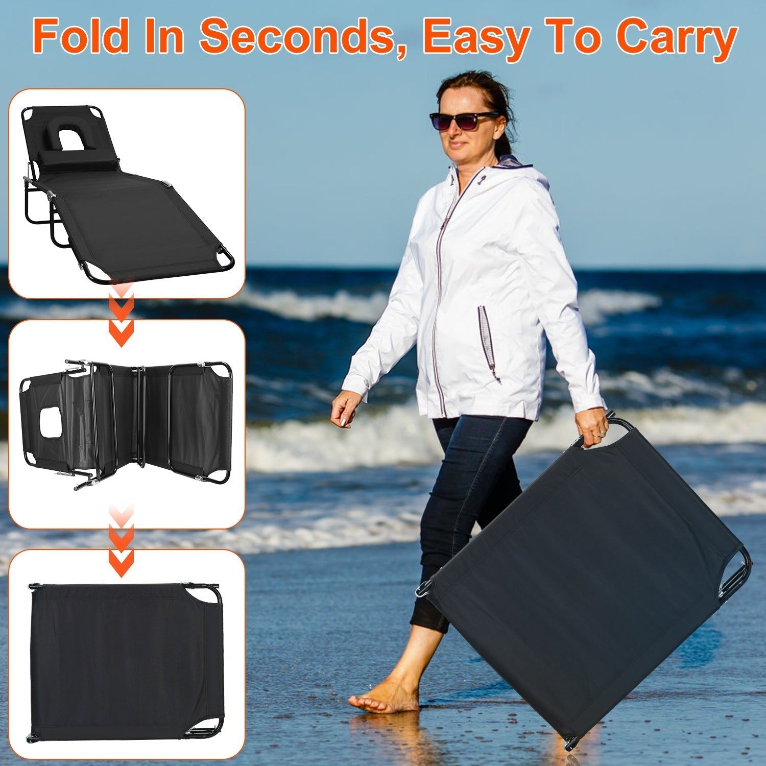 Folding Beach Lounge Chair with Face Hole 5-Position Adjustable Recliner 3 Removable Pillows 265 lbs Max Load