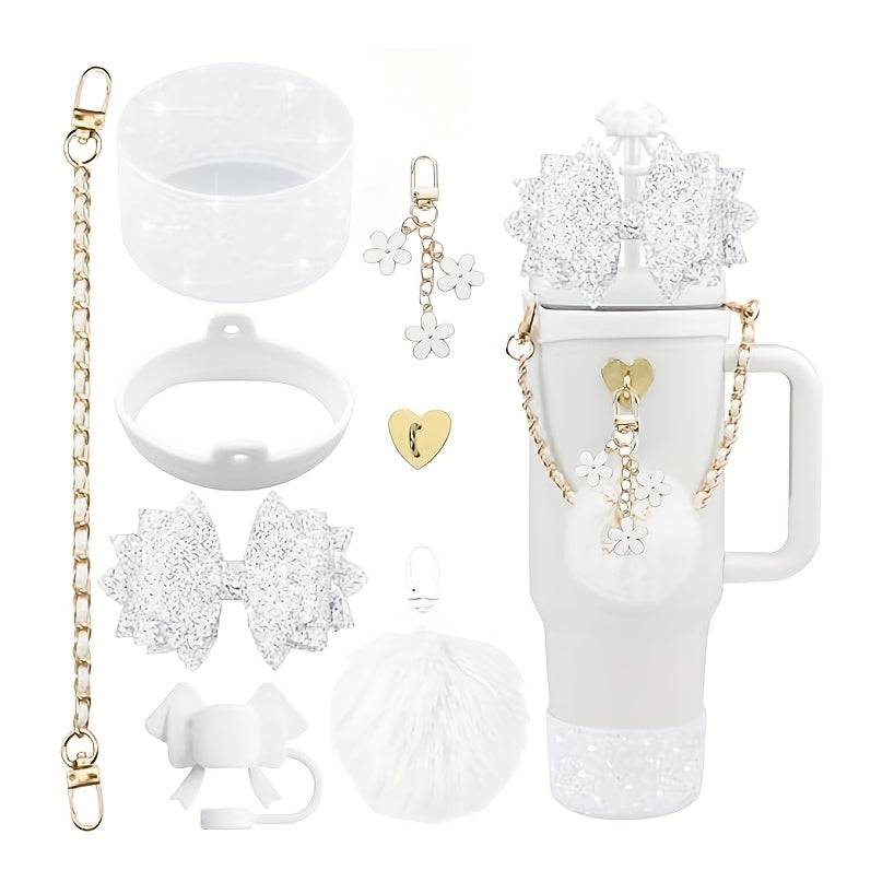 Bling Cup Accessories Set for 40oz & 30oz Tumblers, Silicone Bow Straw Topper, Cup Boot, Handle Strap and Decorative Charms (No Cup)