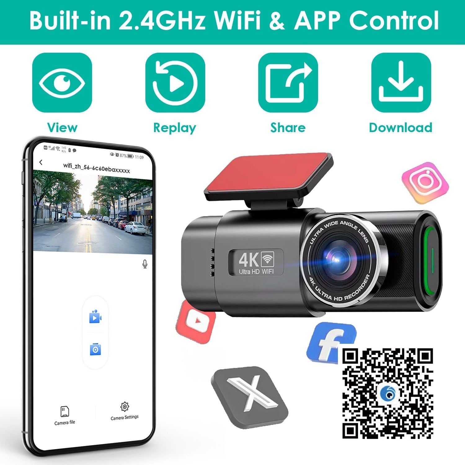 Dash Cam 4K Front 1080P Rear WiFi Mini Dual Camera