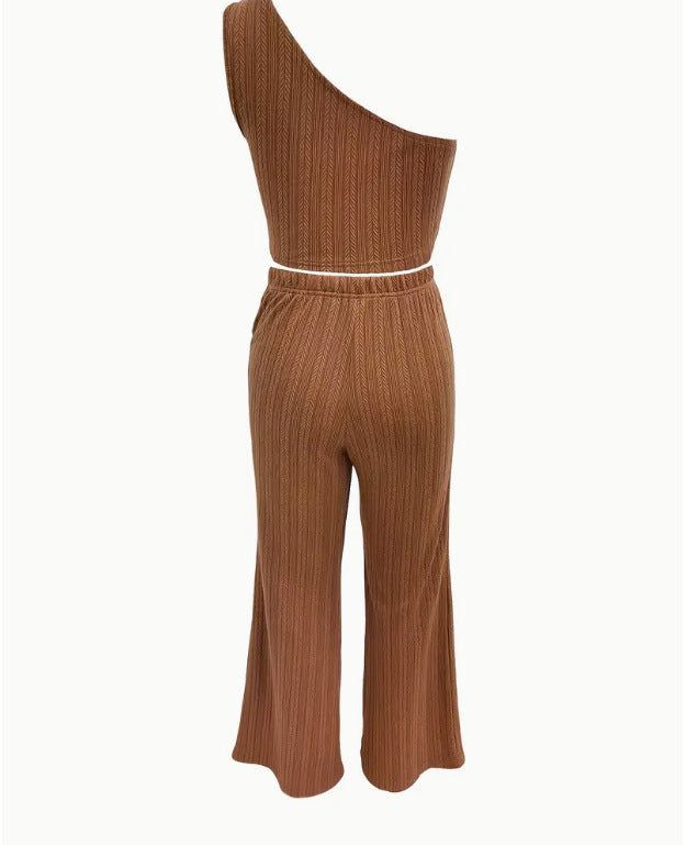 Women's Sleeveless Knitted Two-Piece Set, Solid Color, Polyester Top and Pants