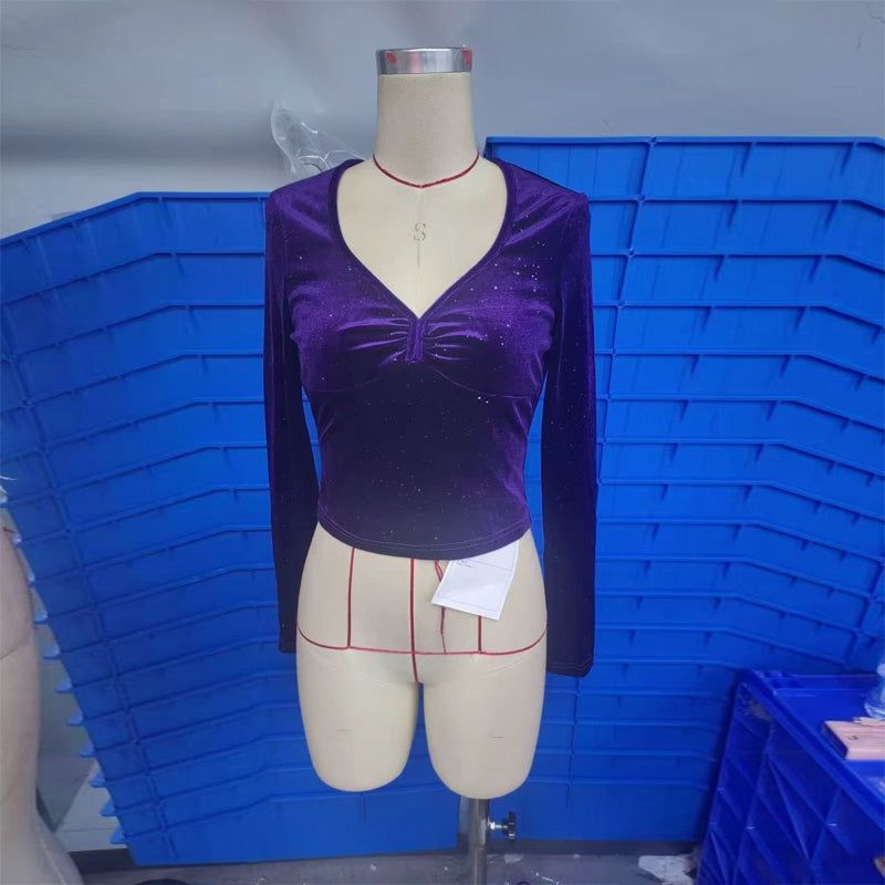 Blouse Velvet V Neck Long Sleeve Sequin Elegant Solid Top