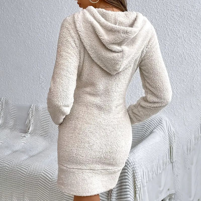 Fuzzy Hoodie Dress With Slim Fit And Front Pocket