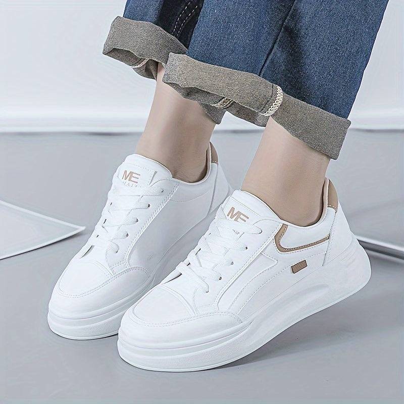 Women’s All-Season Lace-Up Sneakers – White Casual Shoes with Round Toe, Thick Platform Sole & Durable PVC Outsole