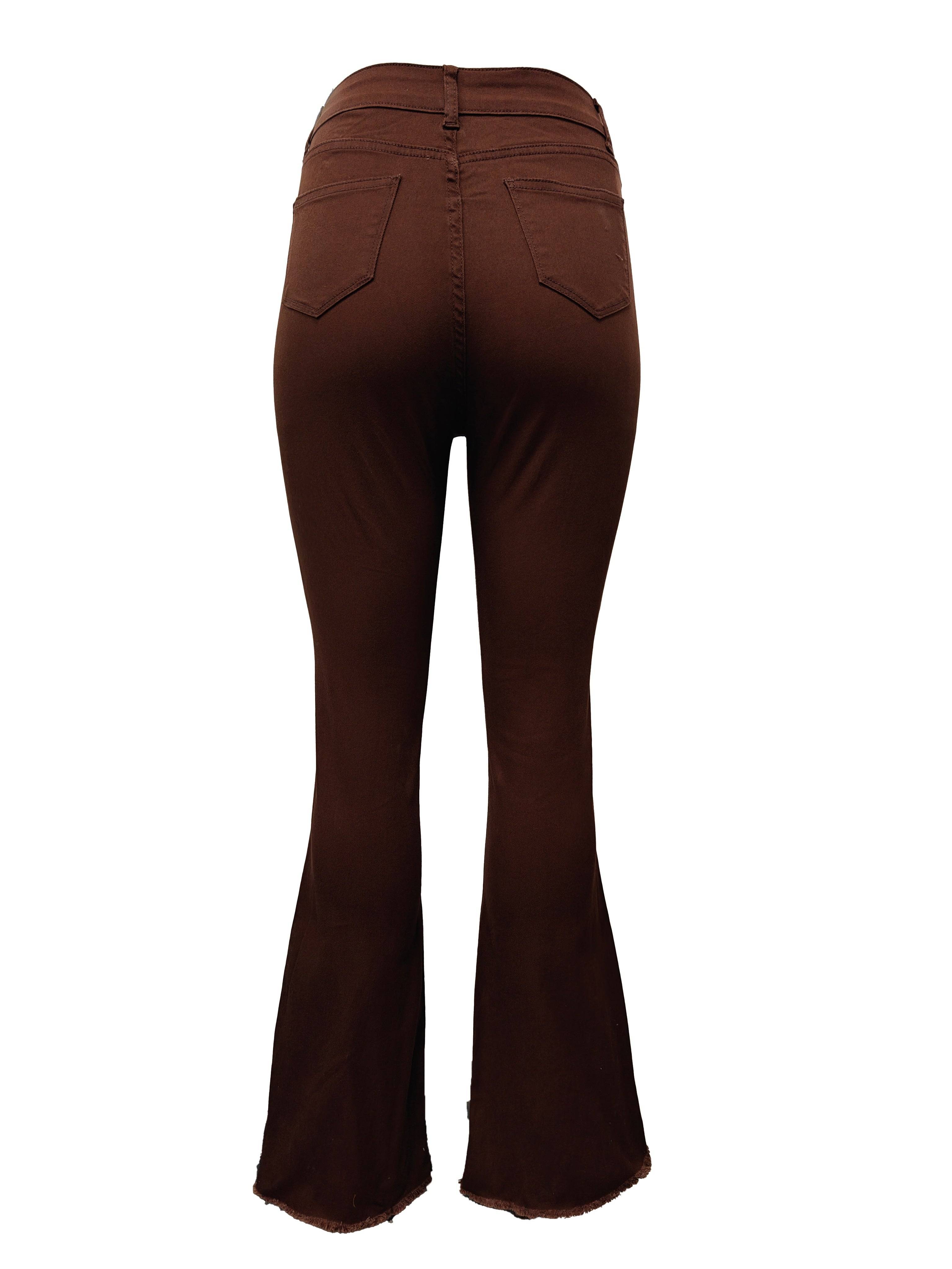 Women’s Boho Flared Jeans High-Waisted Brown Denim with Ripped & Frayed Hem Slim Fit for All Seasons