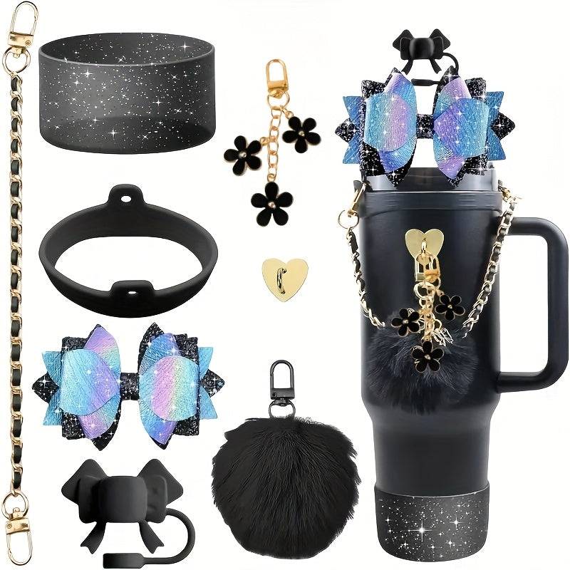 Bling Cup Accessories Set for 40oz & 30oz Tumblers, Silicone Bow Straw Topper, Cup Boot, Handle Strap and Decorative Charms (No Cup)