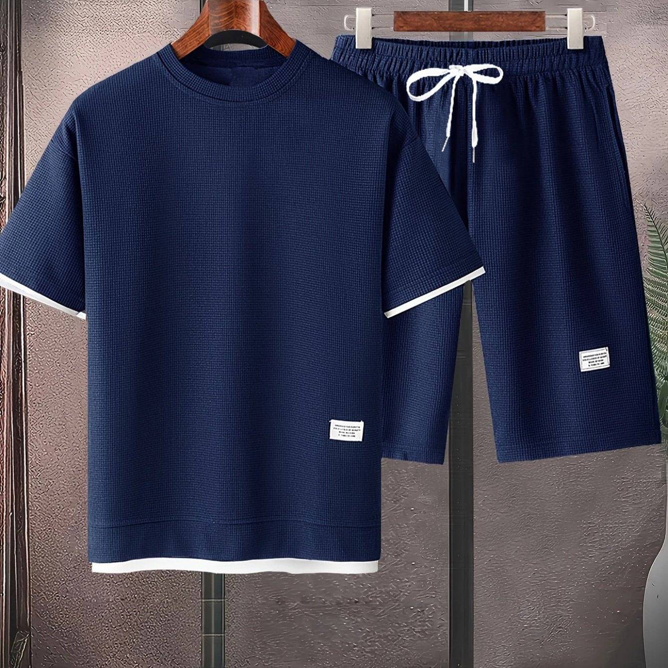 Men’s Waffle Short-Sleeve T-Shirt & Shorts Set, Casual 2-Piece Summer Outfit with Loose Fit for Sports & Vacation
