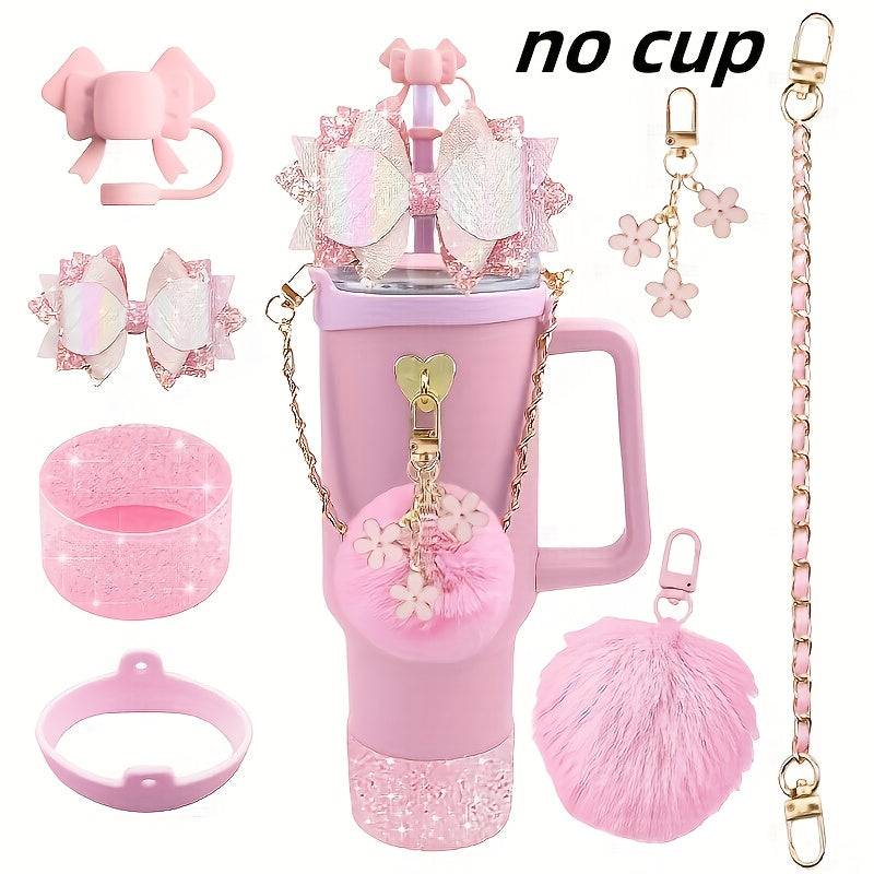 Bling Cup Accessories Set for 40oz & 30oz Tumblers, Silicone Bow Straw Topper, Cup Boot, Handle Strap and Decorative Charms (No Cup)