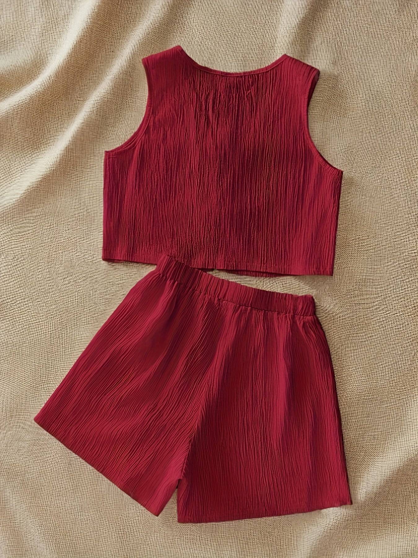 Women’s Casual Two-Piece Set with V-Neck Sleeveless Top & Shorts, Breathable Solid Color Outfit for Elegant Spring & Summer Style