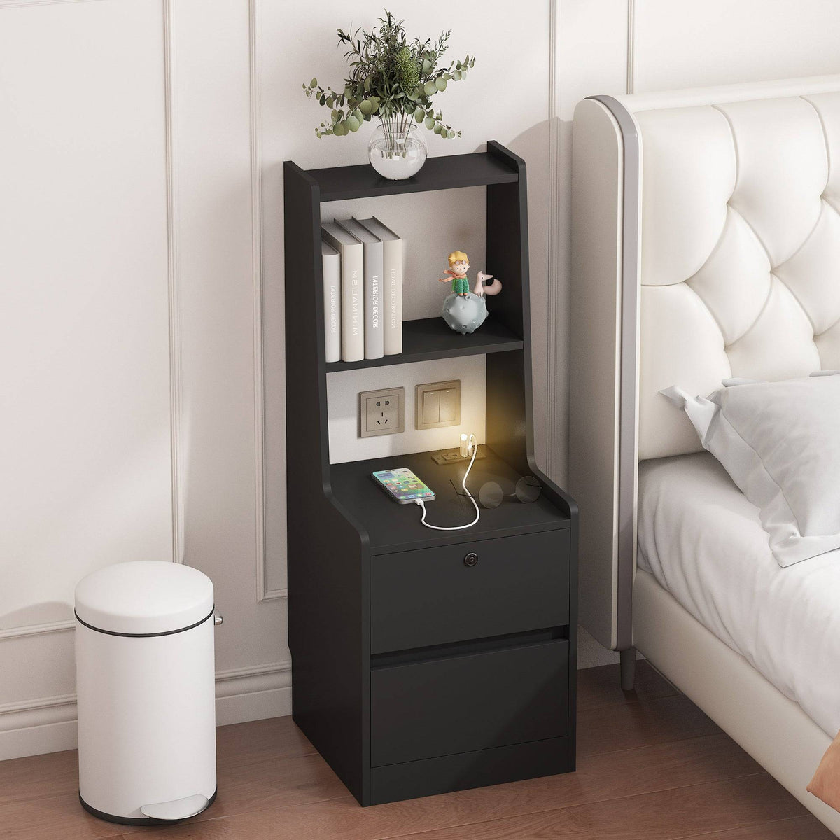 Smart Nightstand With Charging Station And Bookshelf