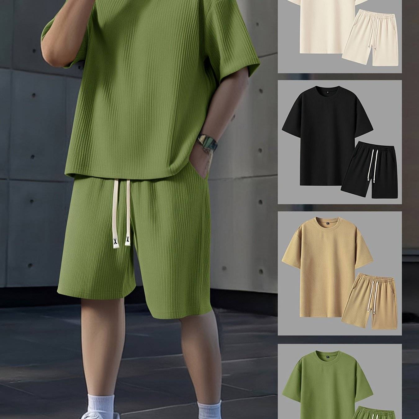 2pcs Men’s Summer Outfit Set – Short-Sleeve T-Shirt & Stretch Shorts in Textured Jacquard Fabric for Casual, Fitness & Beach Wear